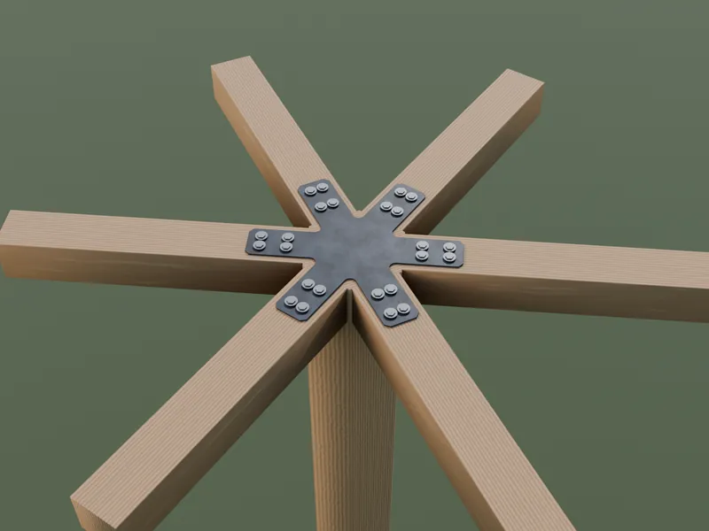 Rendering: cross, hex & octagon in raw steel on timber