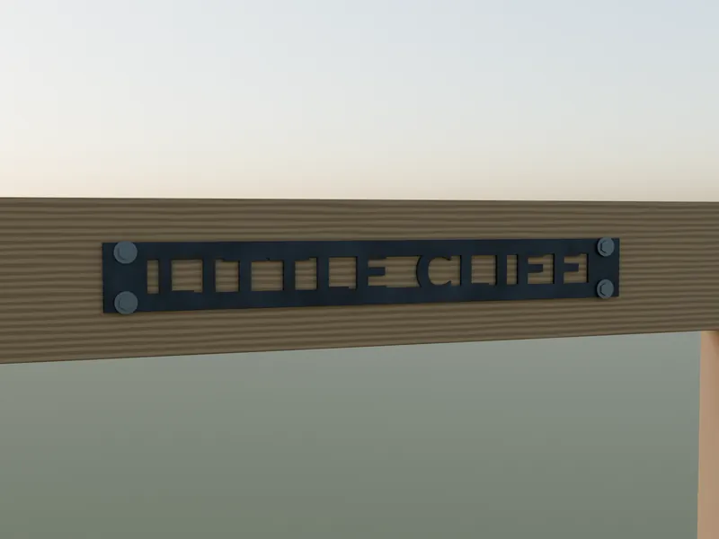 Rendering: custom brackets & signs in raw steel on timber