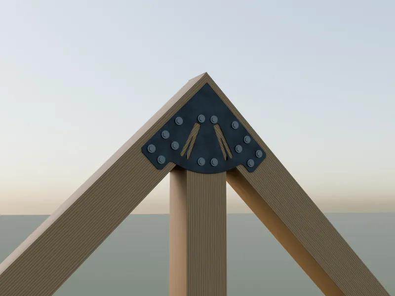 Rendering: fan & gable plates in raw steel on timber