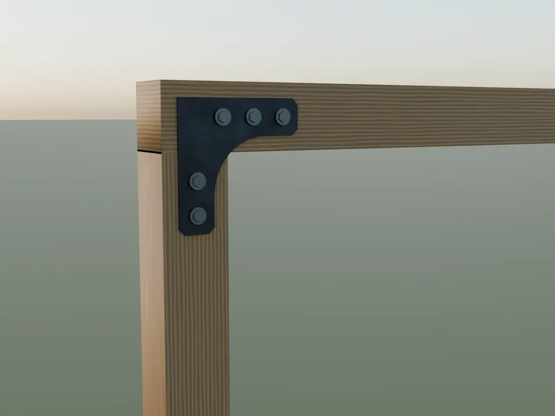 Rendering: knee braces & corners in raw steel on timber