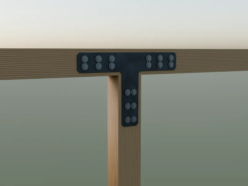 Rendering: post-to-beam brackets in raw steel on timber