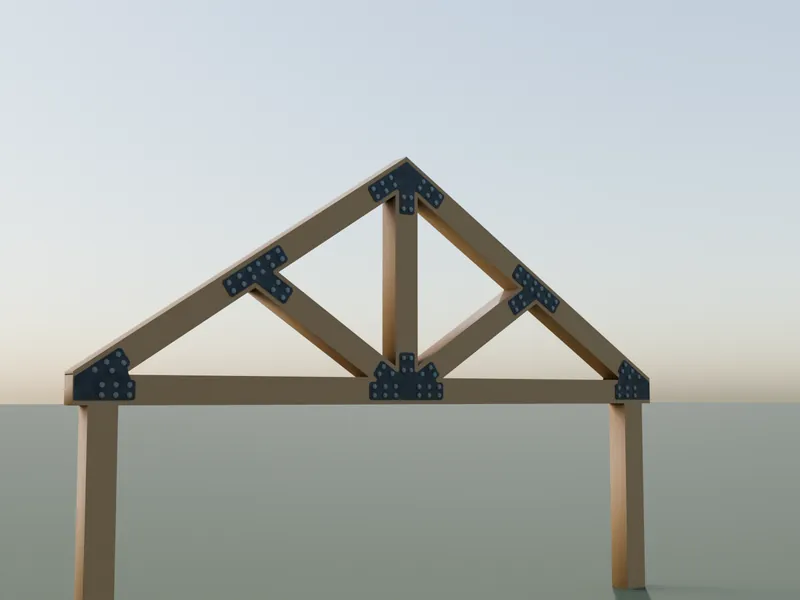 Rendering: truss bracket sets in raw steel on timber