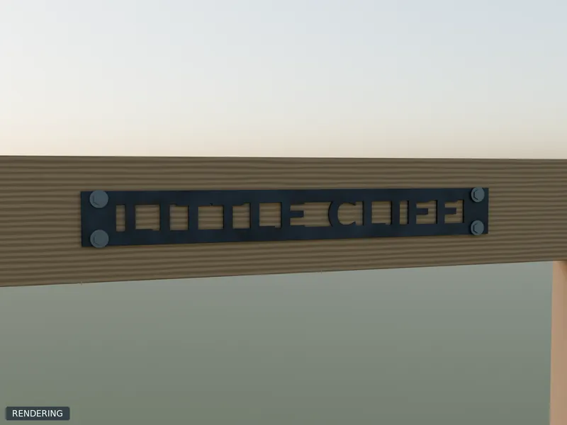 Rendering: example laser-cut steel camp name sign reading LITTLE CLIFF bolted to an 8x8 timber beam