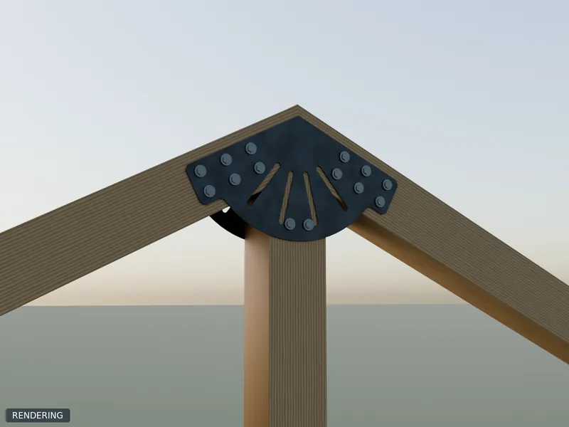 Rendering: 8x8 Fan / Gable Plate in raw steel installed on 8x8 timbers of a king-post truss at 6/12 pitch