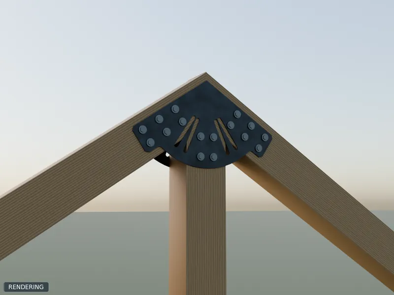Rendering: 8x8 Fan / Gable Plate in raw steel installed on 8x8 timbers of a king-post truss at 8/12 pitch