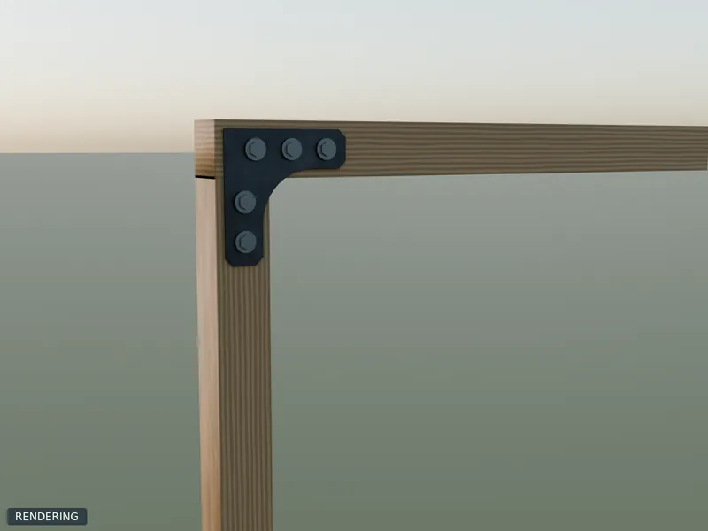 Rendering: Knee-Brace / Corner Bracket Set in raw steel installed on 4x4 timbers, 4x4 post and beam
