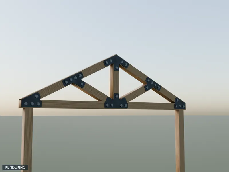 Rendering: 4" King-Post with Diagonals Set in raw steel installed on 4x4 timbers of a king-post truss at 6/12 pitch