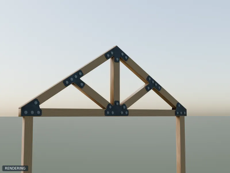 Rendering: 4" King-Post with Diagonals Set in raw steel installed on 4x4 timbers of a king-post truss at 8/12 pitch
