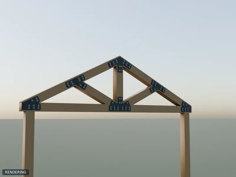 Rendering: 6" King-Post with Diagonals Set in raw steel installed on 6x6 timbers of a king-post truss at 6/12 pitch