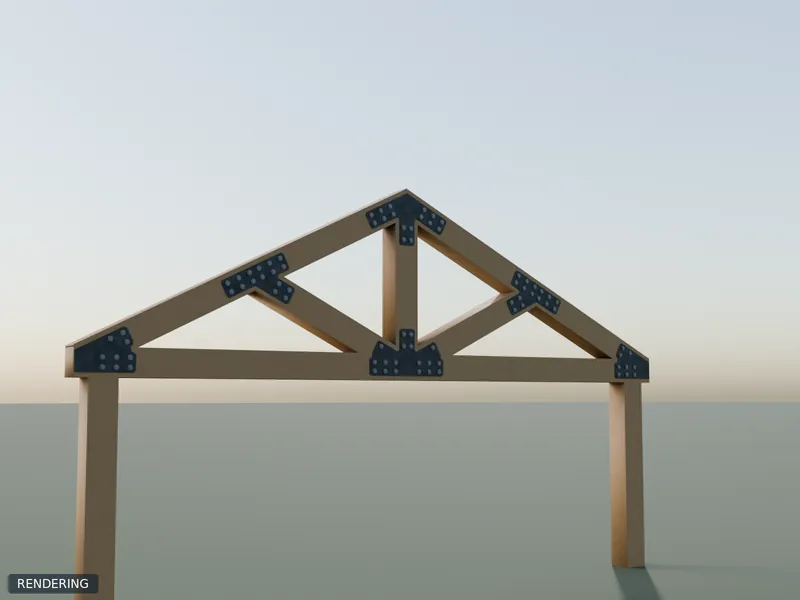 Rendering: 8" King-Post with Diagonals Set in raw steel installed on 8x8 timbers of a king-post truss at 6/12 pitch