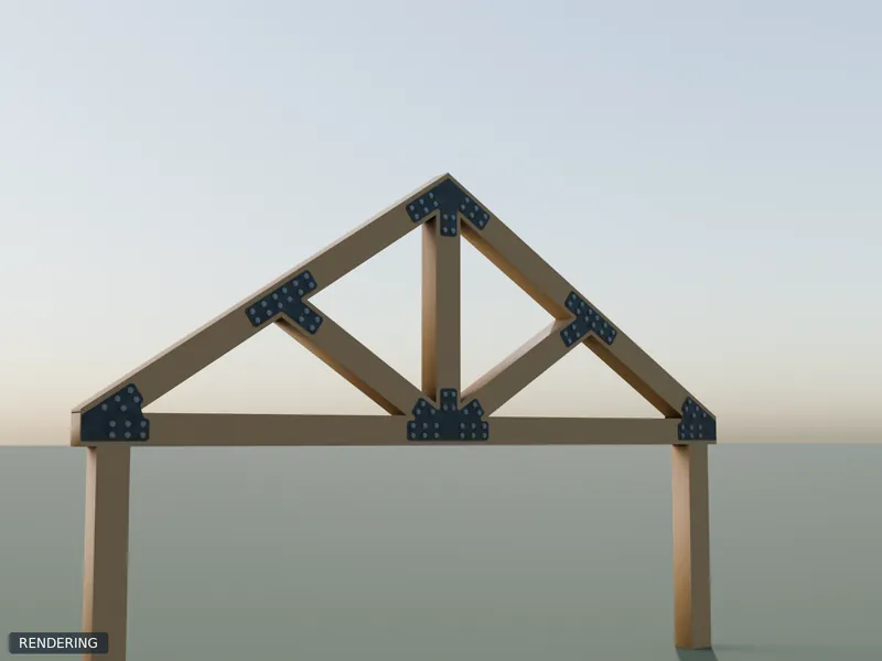 Rendering: 8" King-Post with Diagonals Set in raw steel installed on 8x8 timbers of a king-post truss at 8/12 pitch