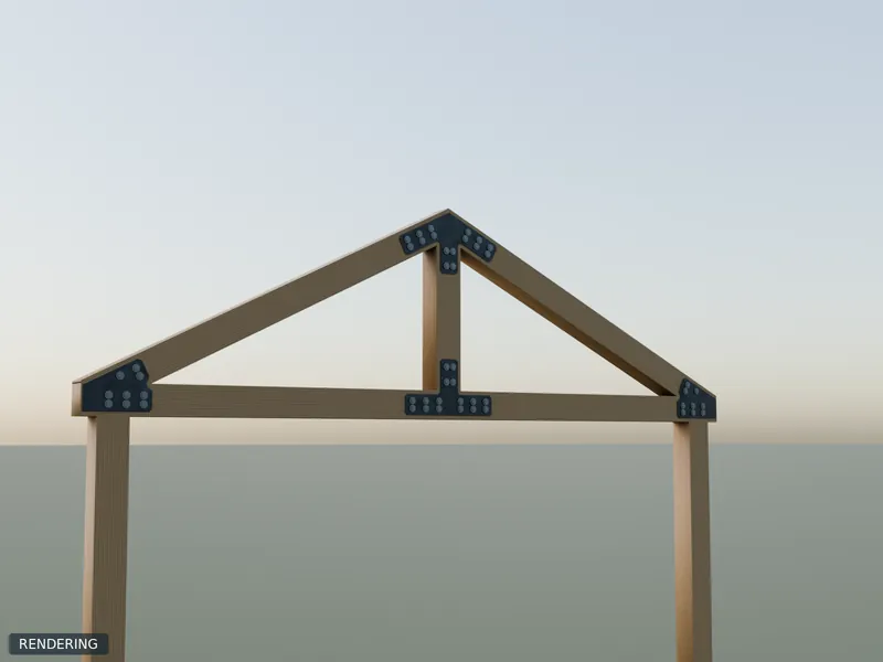 Rendering: 6x6 King-Post Truss Plate Set in raw steel installed on 6x6 timbers of a king-post truss at 6/12 pitch