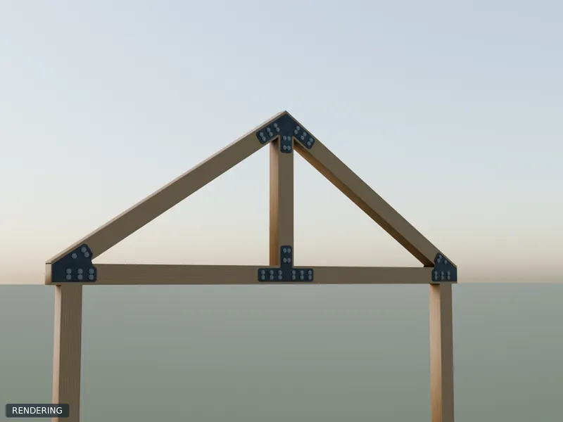 Rendering: 6x6 King-Post Truss Plate Set in raw steel installed on 6x6 timbers of a king-post truss at 8/12 pitch