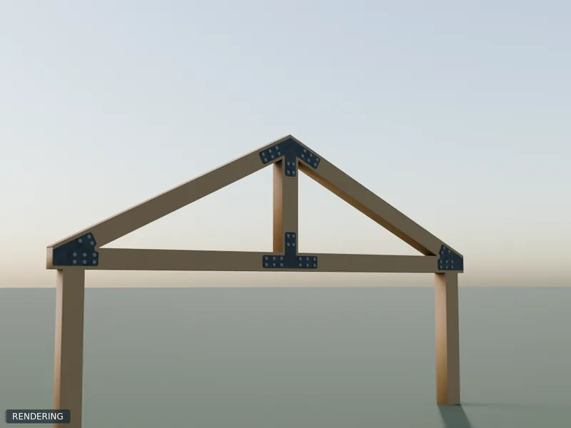 Rendering: 8x8 King-Post Truss Plate Set in raw steel installed on 8x8 timbers of a king-post truss at 6/12 pitch