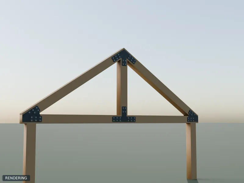 Rendering: 8x8 King-Post Truss Plate Set in raw steel installed on 8x8 timbers of a king-post truss at 8/12 pitch