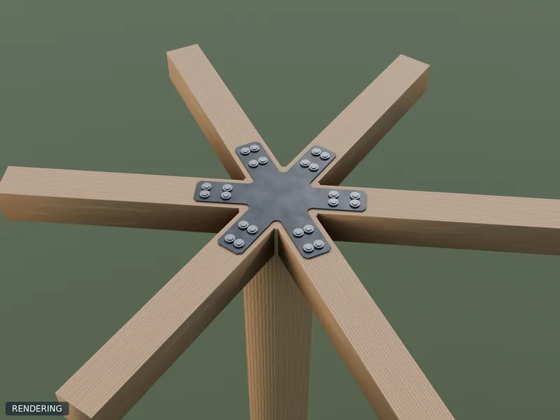 Rendering: representative hexagon & octagon hub plates in raw steel on 6x6 timbers