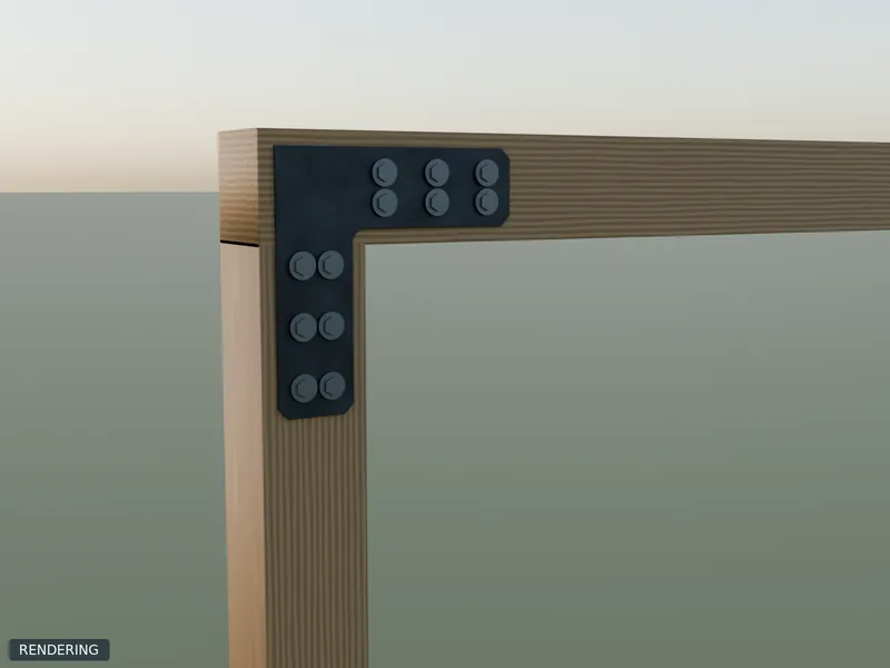 Rendering: representative l brackets in raw steel on 6x6 timbers