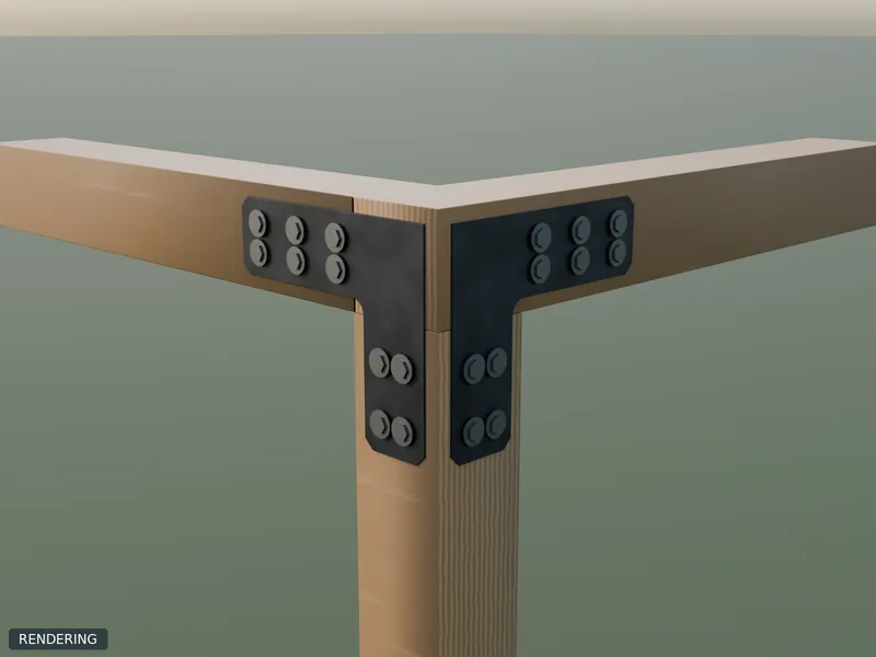 Rendering: representative outside-corner plates in raw steel on 6x6 timbers