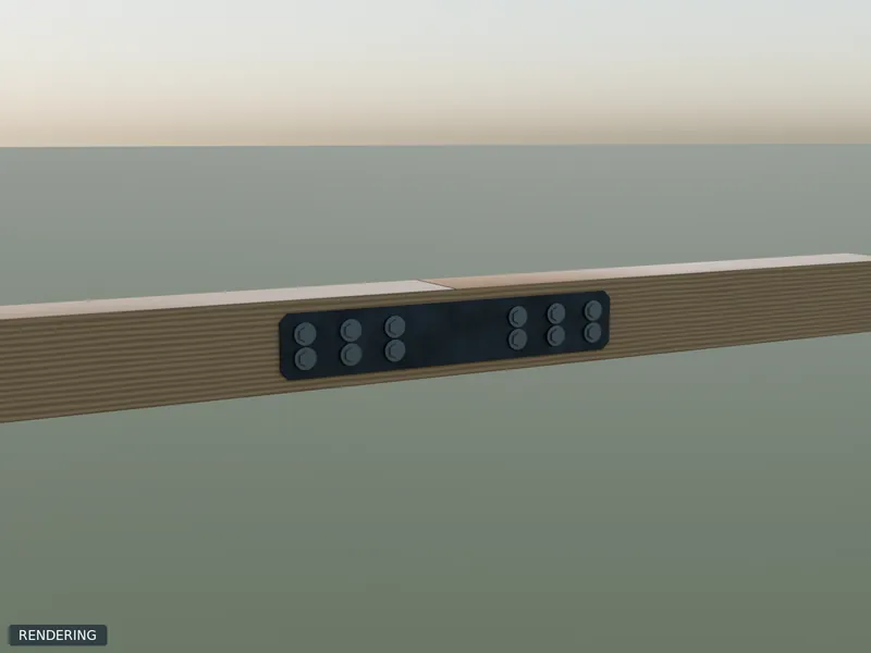 Rendering: representative straight & splice plates in raw steel on 6x6 timbers
