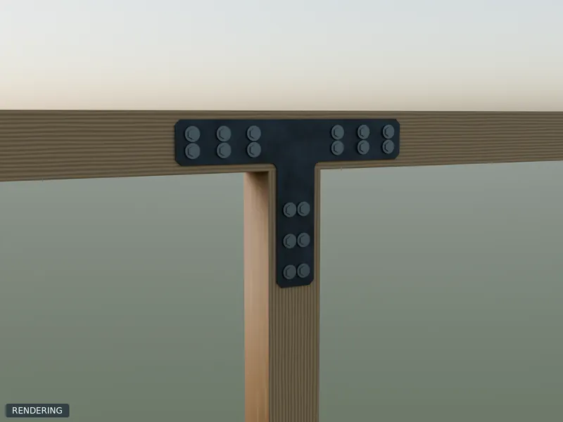 Rendering: representative tee brackets in raw steel on 6x6 timbers