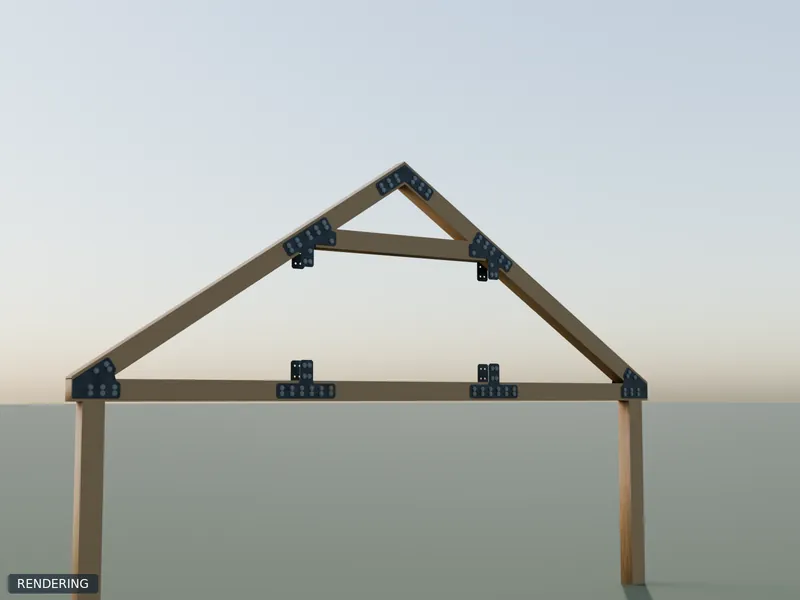 Rendering: representative queen-post, howe & other truss plates in raw steel on 6x6 timbers