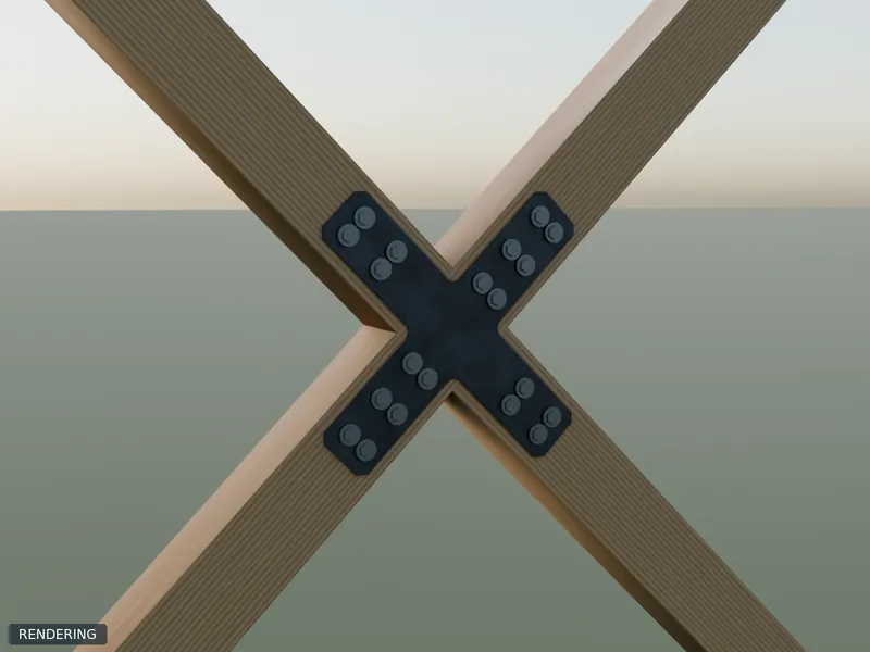 Rendering: representative x / cross brackets in raw steel on 6x6 timbers